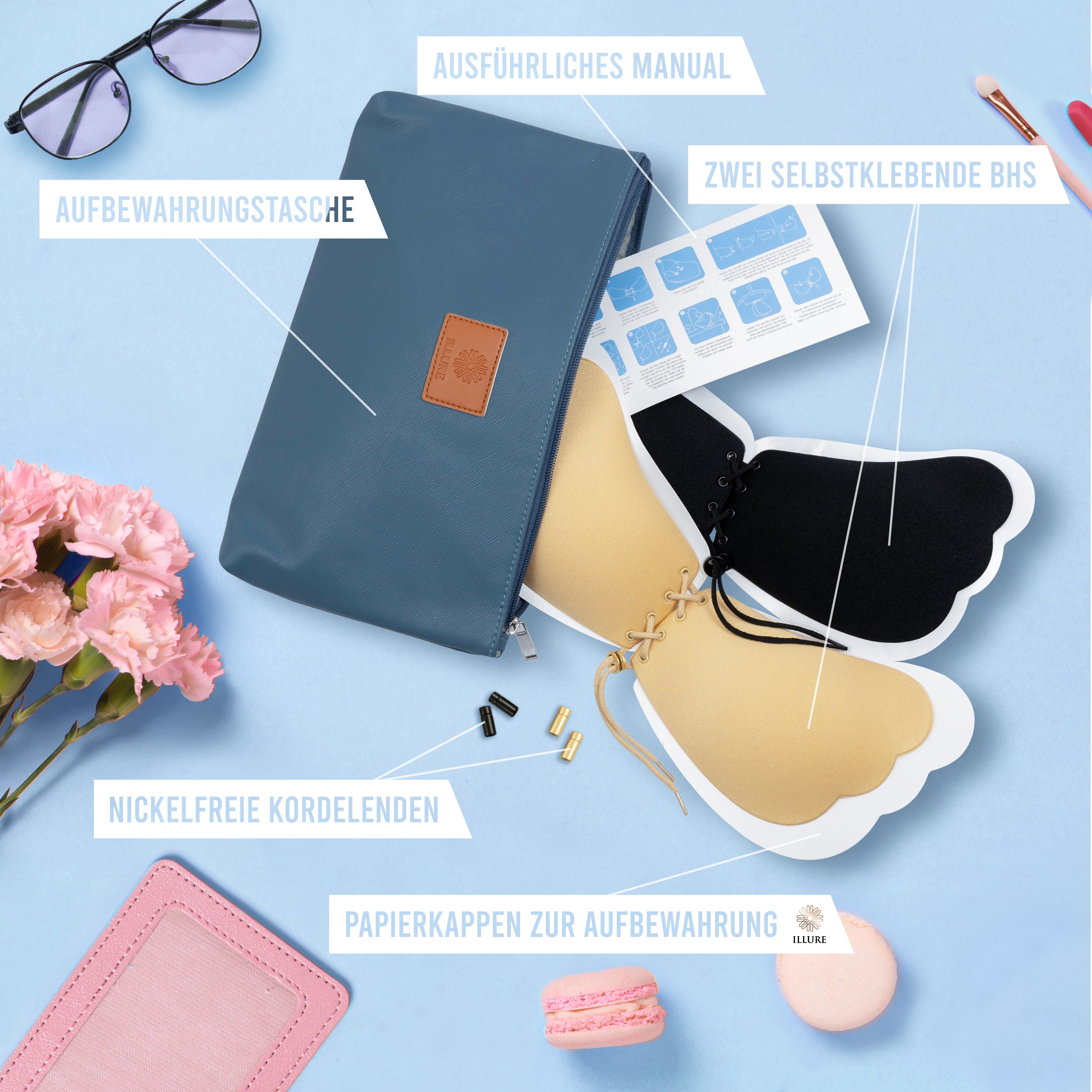 ILLURE® Klebe BH [2 St.] Selbstklebender Push-up inkl. Make-Up Tasche